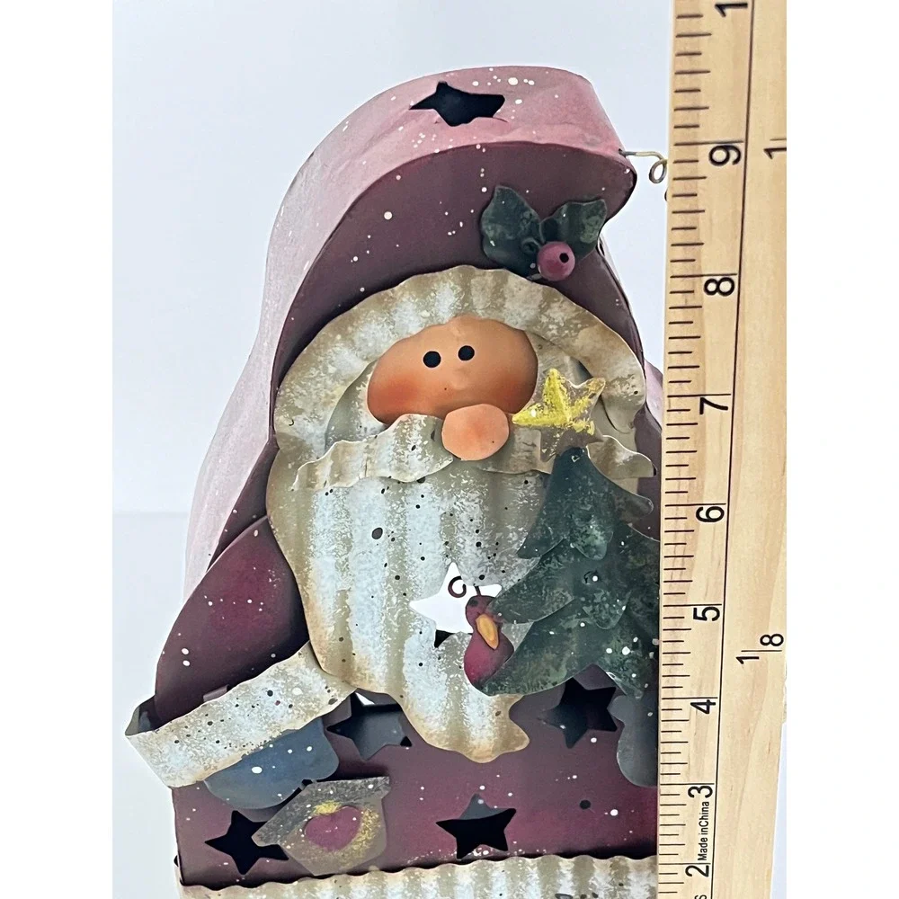 Vintage 2004‎ Santa Candle Holder Red Rustic Metal Folk Art Star Cutouts
